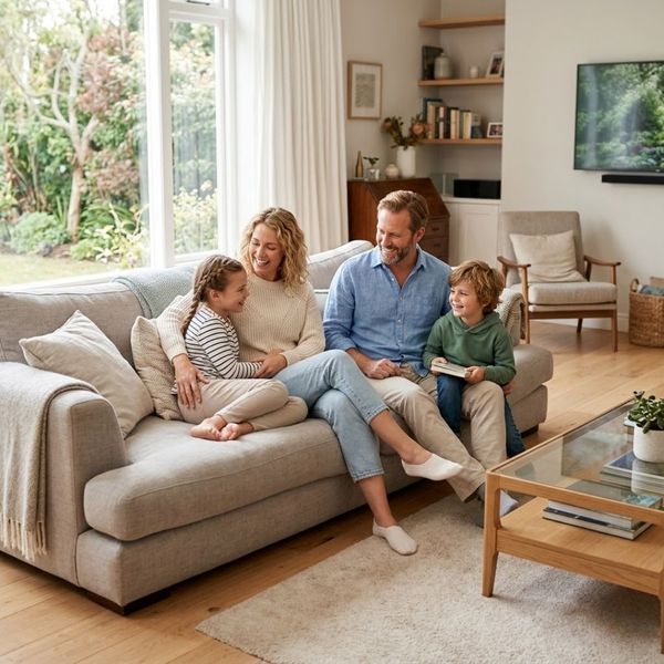 A happy family or a person relaxing comfortably on a sofa in a well-lit living room, representing a perfectly tempered and comfortable home environment.