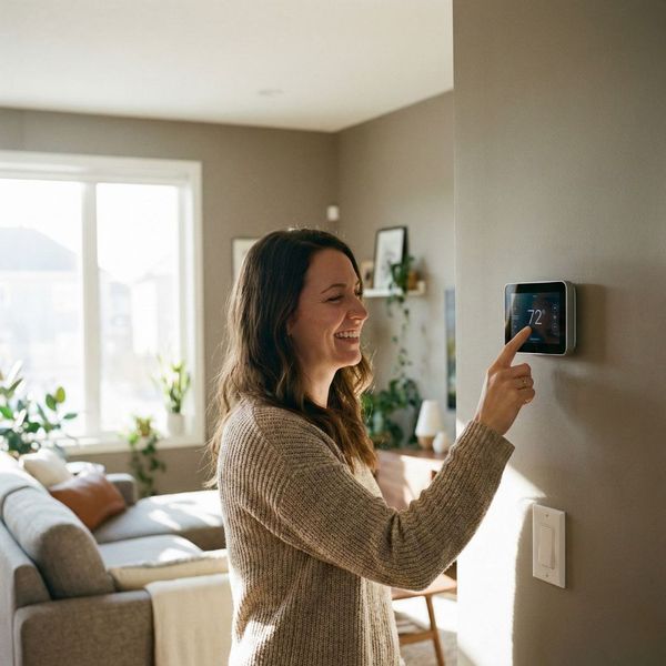 A homeowner adjusting a modern smart thermostat in a comfortable, well-cooled living room.