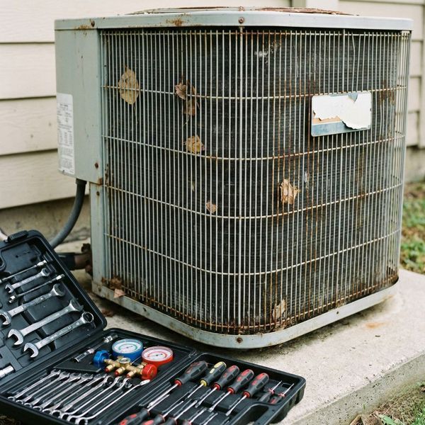 An aging outdoor air conditioning unit that may be a candidate for the Rule of 5,000 replacement calculation.