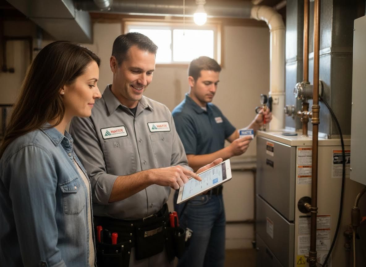 HVAC Technicians Assisting Homeowner with Furnace Service