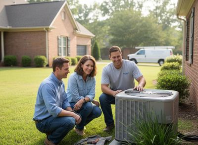 HVAC technician with homeowners during AC unit inspection