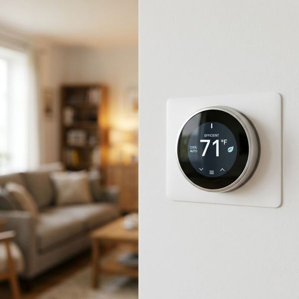 A modern digital smart thermostat mounted on a wall displaying a comfortable indoor temperature.