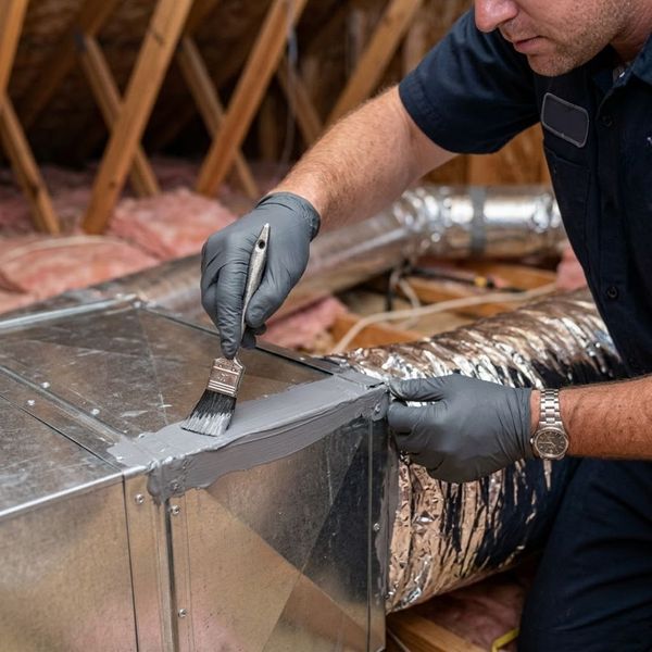 A close-up shot of a NATE-certified HVAC technician's hands using professional tools to inspect or seal a section of ductwork. The focus is on craftsmanship and precision.
