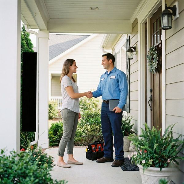 A professional HVAC technician providing expert consultation to a homeowner at their doorstep.
