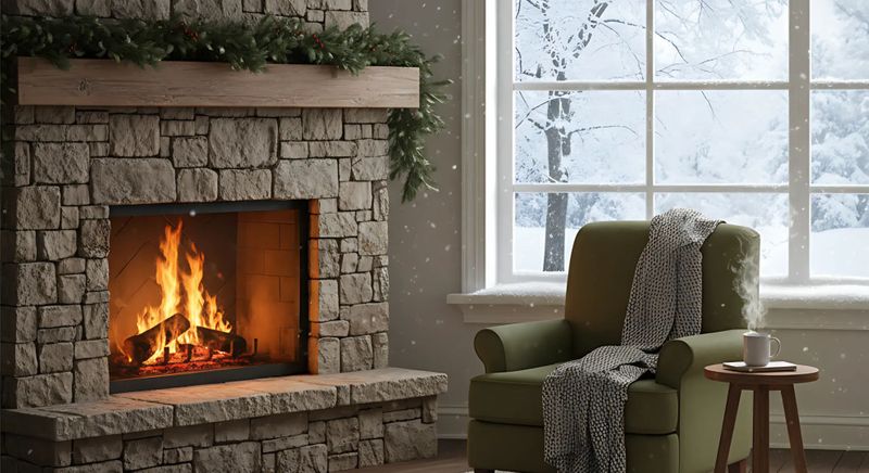 a home in the winter with a fireplace roaring