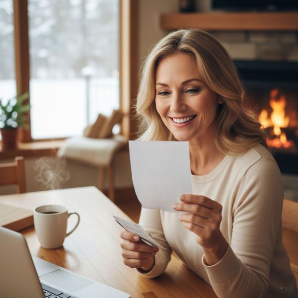 a woman happily looking at her lower energy bill