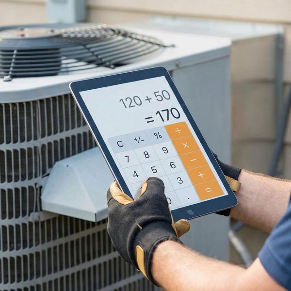 A technician using a digital tablet to calculate HVAC repair costs next to a heating and cooling unit.