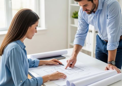 Two architects, a man and a woman, collaborate over a detailed blueprint spread across a white table, surrounded by rolled plans, in a bright, modern office. Architects Reviewing Blueprint