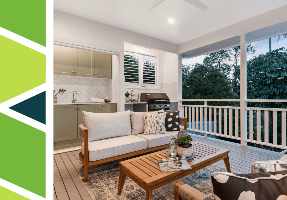 nice outdoor deck with cabinetry