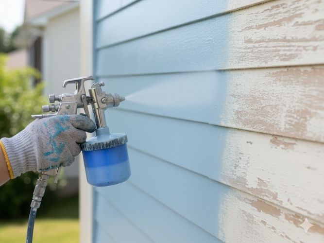 primed siding being painted blue
