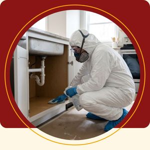 Technician in hazmat suit cleaning under kitchen sink