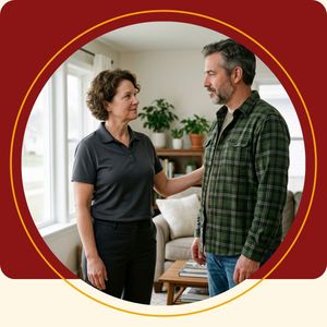 Compassionate cleanup specialist speaking with a homeowner