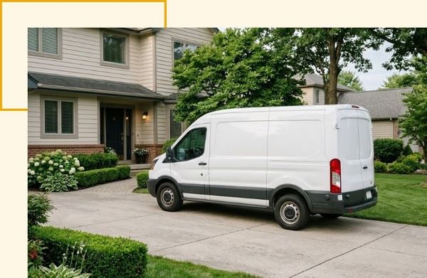 White service van parked in a suburban driveway