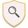 Magnifying glass icon inside a gold shield