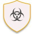 Biohazard symbol icon inside a gold shield
