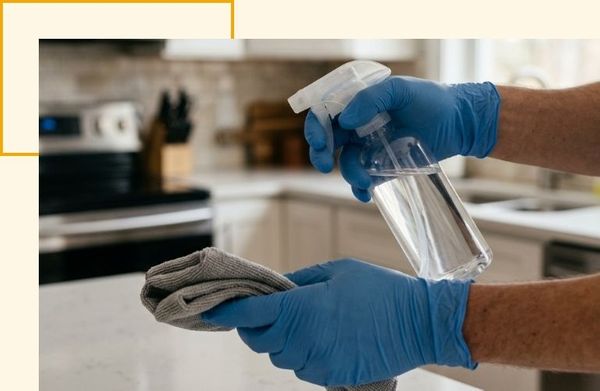 Gloved hands spraying disinfectant cleaner onto a microfiber towel