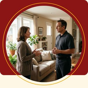Compassionate professional speaking with a homeowner during property restoration.