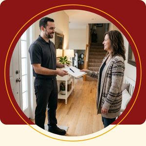 Service worker handing clipboard to homeowner at front door