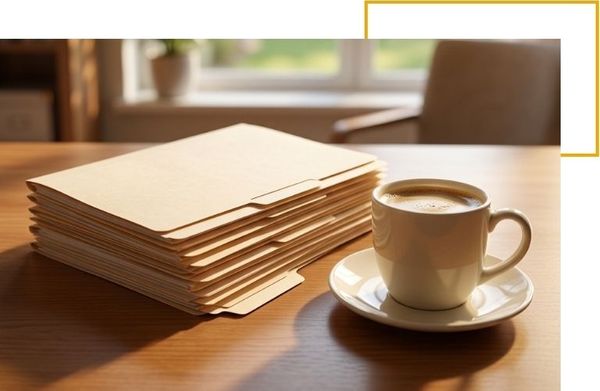 Stack of Manila file folders next to a coffee cup