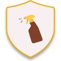 Cleaning spray bottle icon inside a gold shield