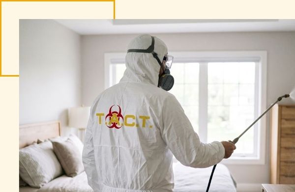 Professional technician applying hospital-grade biocide in a clean bedroom.