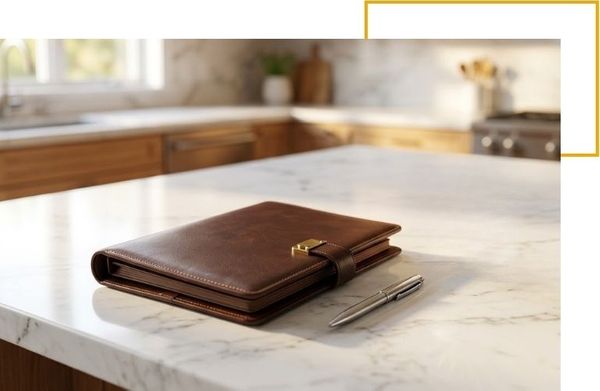 Brown leather portfolio and pen on marble countertop