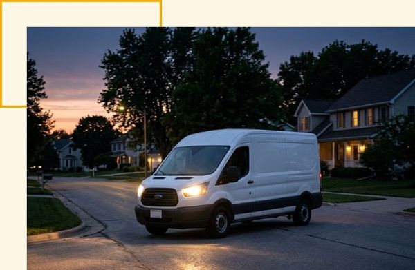 Unmarked white service van driving through neighborhood at dusk
