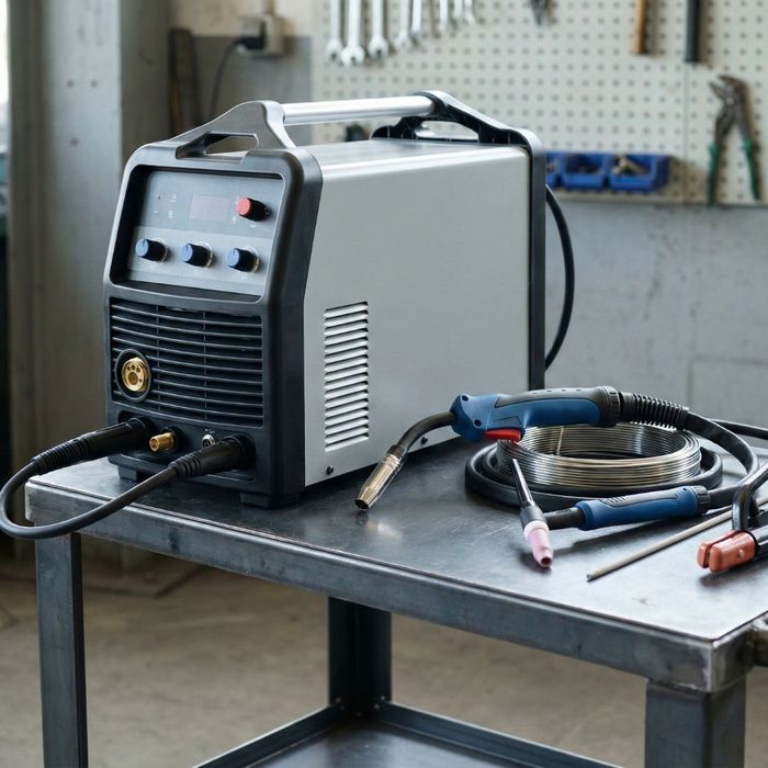 A multi-process welding machine displayed next to a MIG gun, a TIG torch, and a Stick electrode holder.