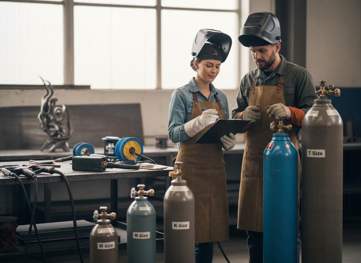 Two welders reviewing plans in a workshop