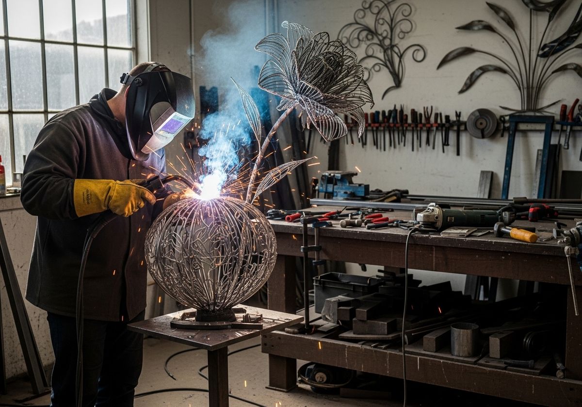 Welder creating metal flower sculpture