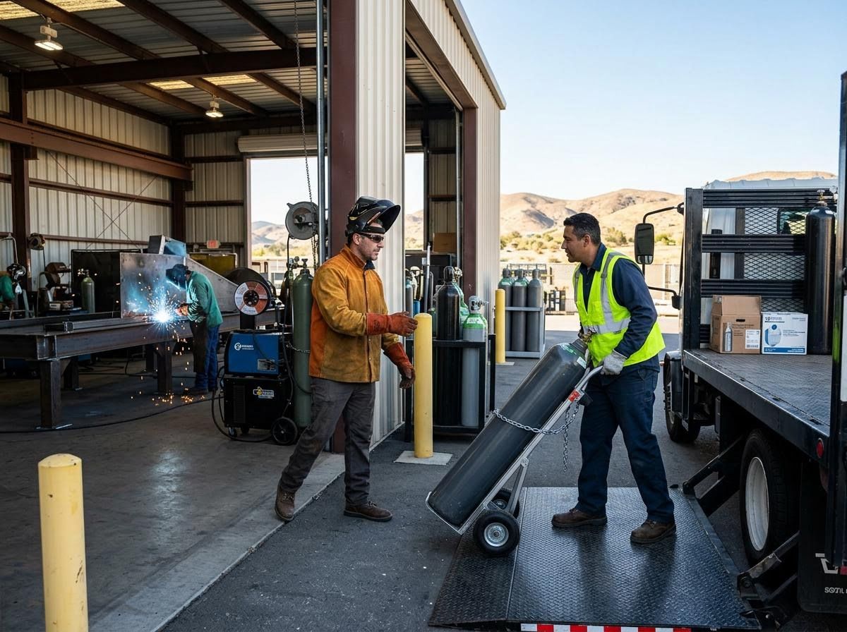 Industrial workers handling gas cylinders and welding