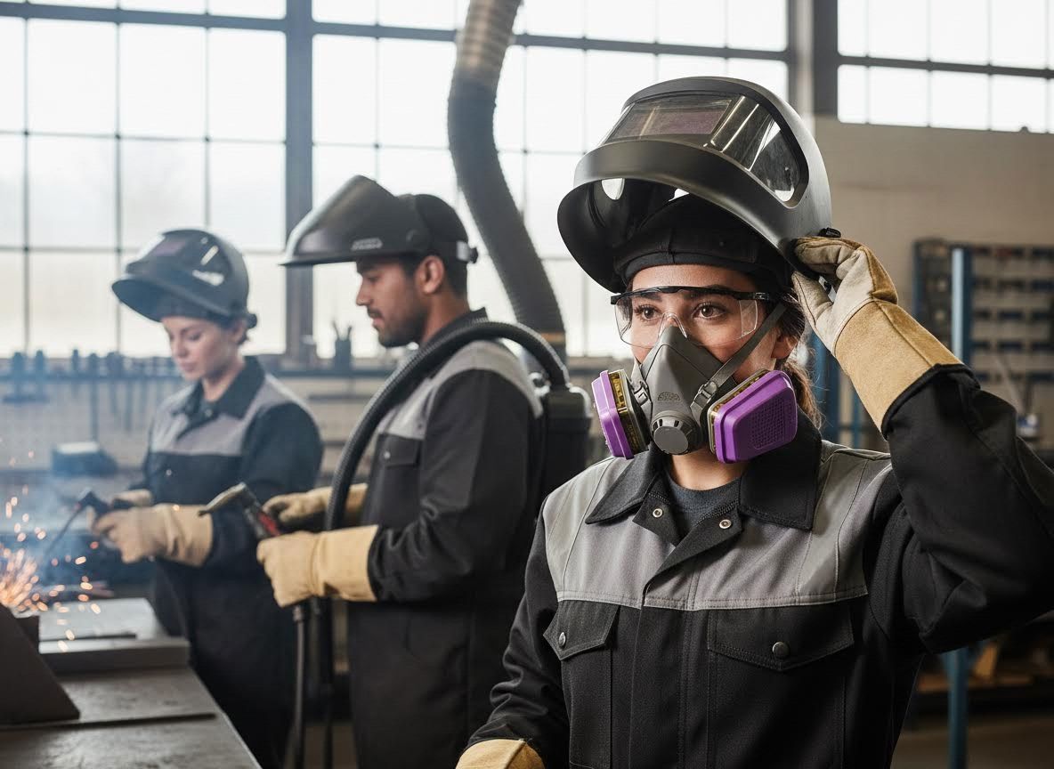 Three welders in a workshop