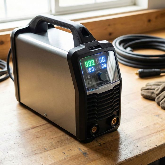 A close-up view of a compact, portable inverter welding machine resting on a workbench.