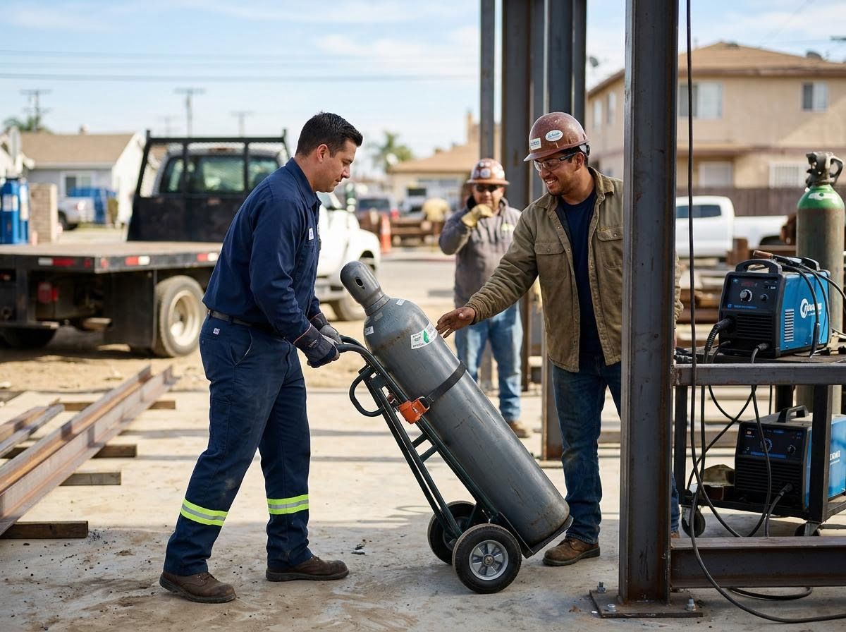 Construction workers moving gas cylinder on site
