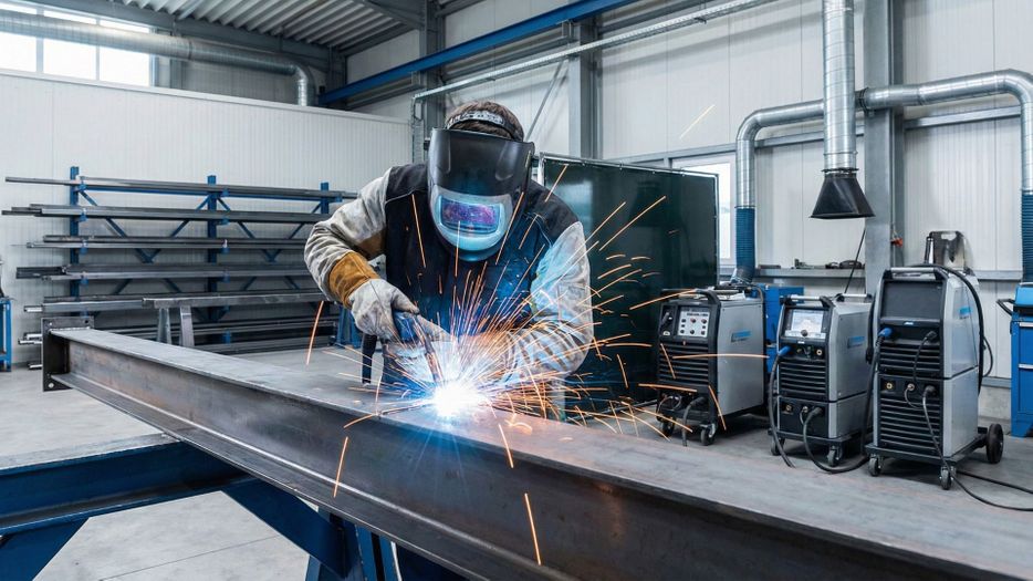 A professional welder in protective gear operating a high-tech welding machine with sparks flying in a modern workshop. A professional welder in protective gear operating a high-tech welding machine with sparks flying in a modern workshop.