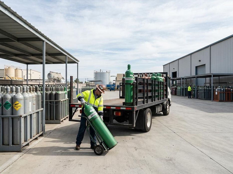 Worker moving argon gas cylinder at industrial facility