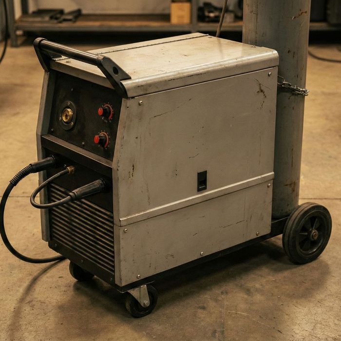 A robust, industrial-grade used welding machine sitting on a concrete floor in a workshop.