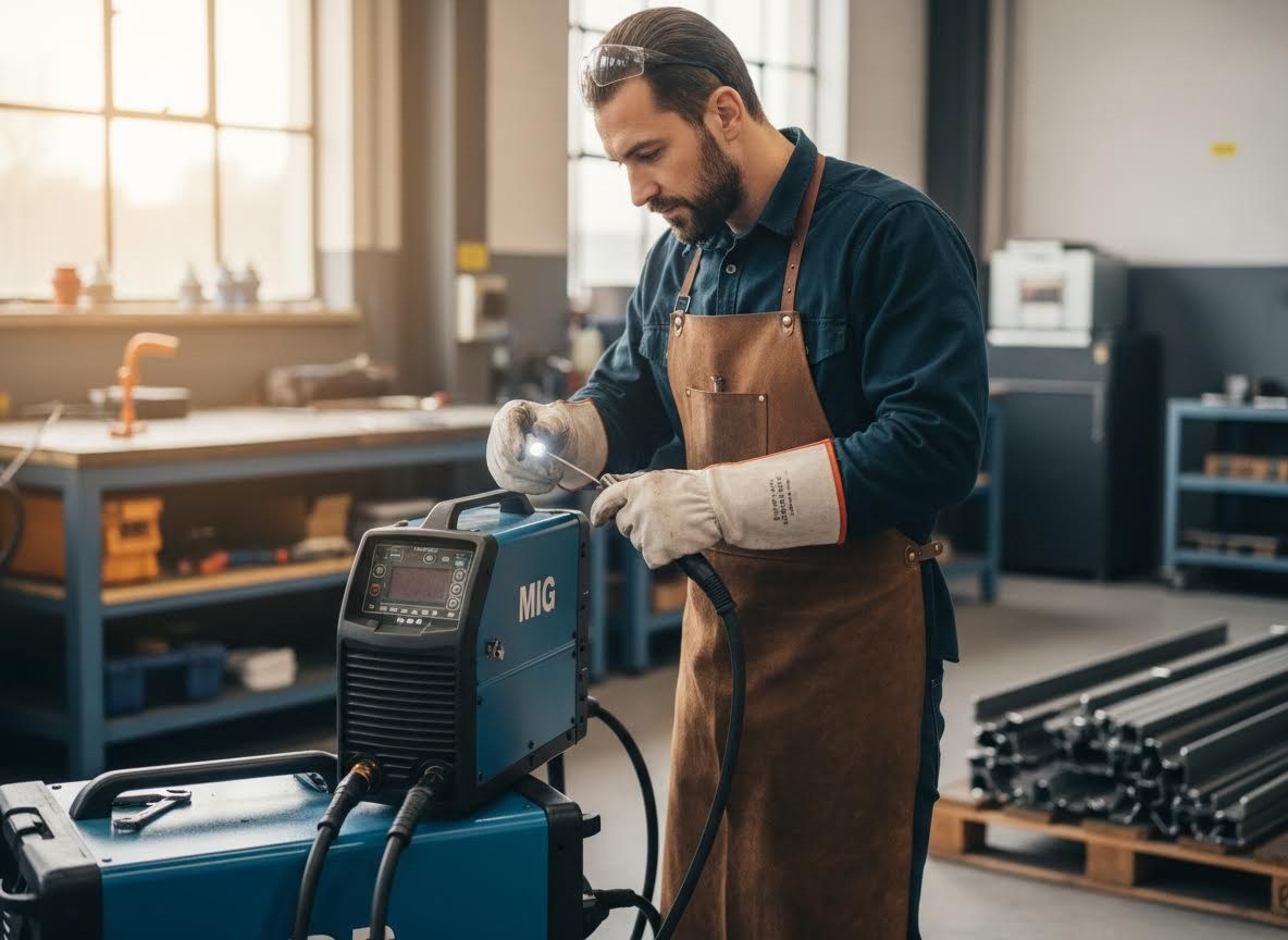 Man operating MIG welding machine in a workshop