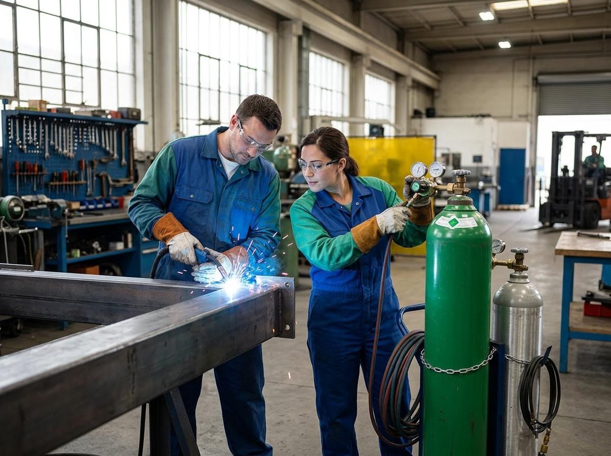 Two skilled workers performing welding and gas adjustment in a metal fabrication workshop.