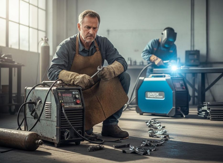 Two welders at work in a metal fabrication workshop