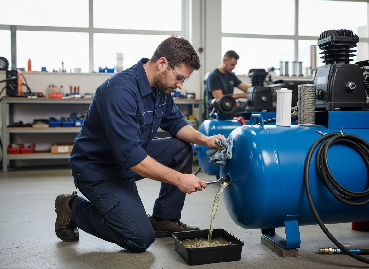 Technician Draining Fluid from an Air Compressor