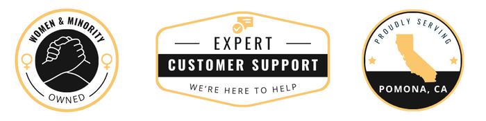 Trust badges for women and minority owned, expert customer service, and proudly serving pomona, CA