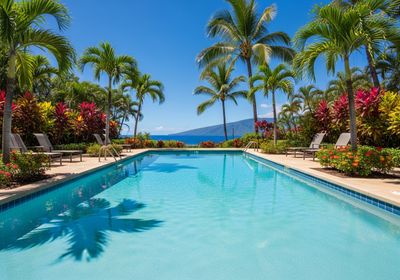 A serene swimming pool is surrounded by lush tropical foliage and palm trees, offering a picturesque view of the ocean and distant mountains on a clear, sunny day. Lounge chairs sit alongside the pool, inviting relaxation in this idyllic resort setting. Tropical Swimming Pool Paradise