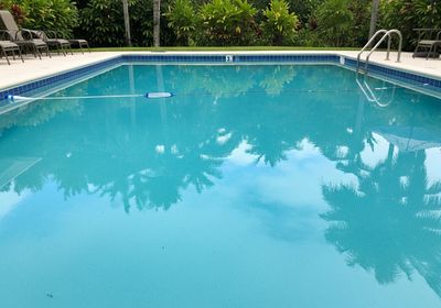 A refreshing swimming pool with crystal clear water reflecting the silhouettes of palm trees, adjacent to lounge chairs and lush tropical foliage, creating a tranquil vacation scene. Swimming pool with palm tree reflections