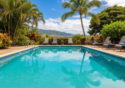 A bright blue swimming pool is surrounded by palm trees and lounge chairs with blue towels, offering a relaxing view of the distant mountains under a partly cloudy sky. Swimming pool with palm trees and mountain backdrop