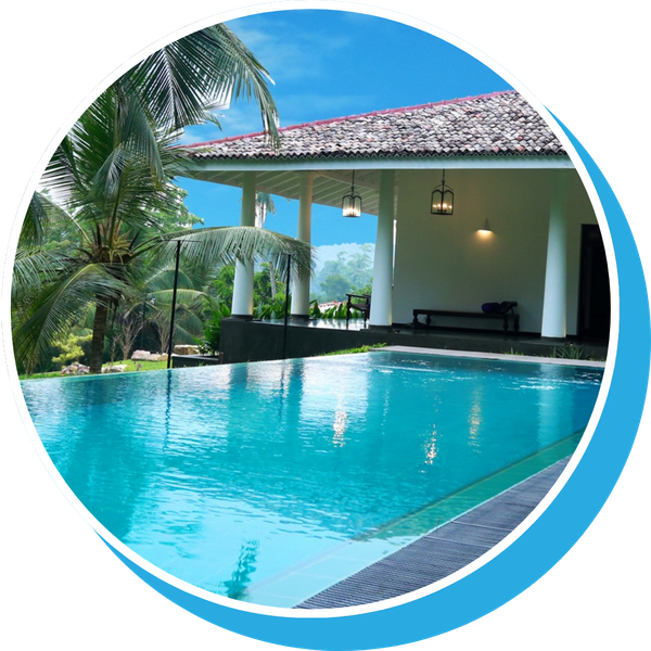 infinity pool by porch with columns