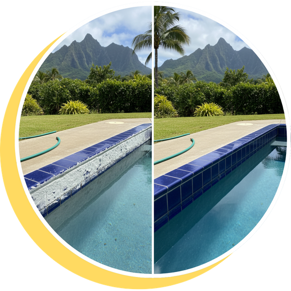 Before and after image of calcium build-up along a pool