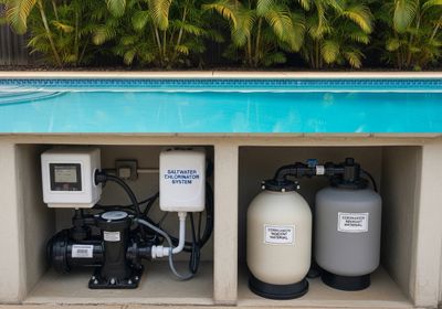 A saltwater chlorinator system and filter for a residential swimming pool is housed in a concrete structure with palm trees and the pool in the background. Pool equipment including pump, chlorinator, and filter