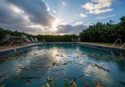 A rectangular swimming pool filled with fallen leaves and small branches under a sky streaked with clouds at sunset. The sun's rays filter through the clouds, creating a shimmering reflection on the water's surface. Lounge chairs and a small table with chairs are placed along the pool's edge, which is lined with a dense green hedge. Leaf-Strewn Swimming Pool at Sunset