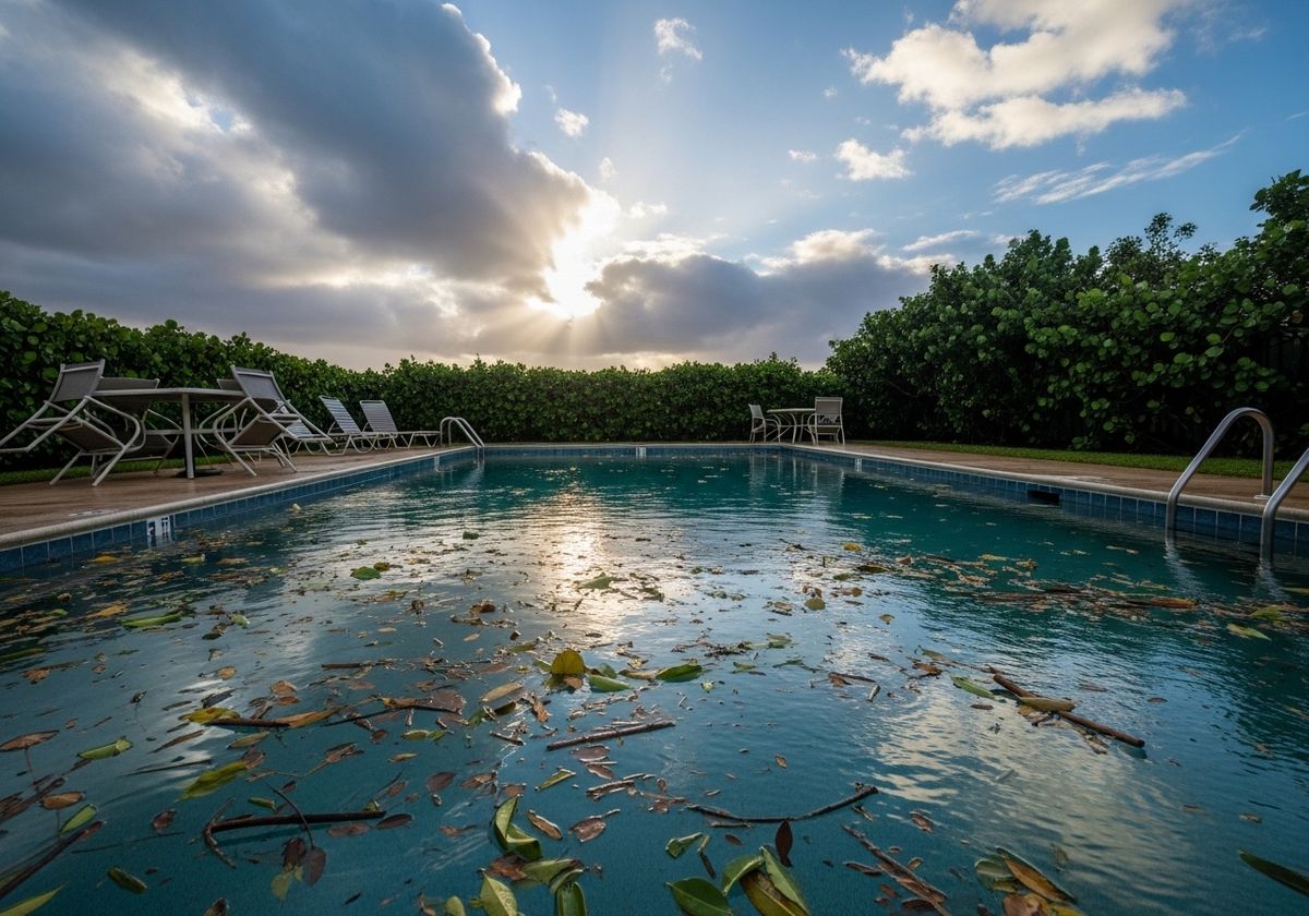 Leaf-Strewn Swimming Pool at Sunset